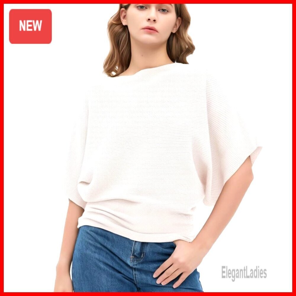 Dolman Batwing Sleeve Boat Neck Pullover Sweater, Cotton Polyester Blend, One